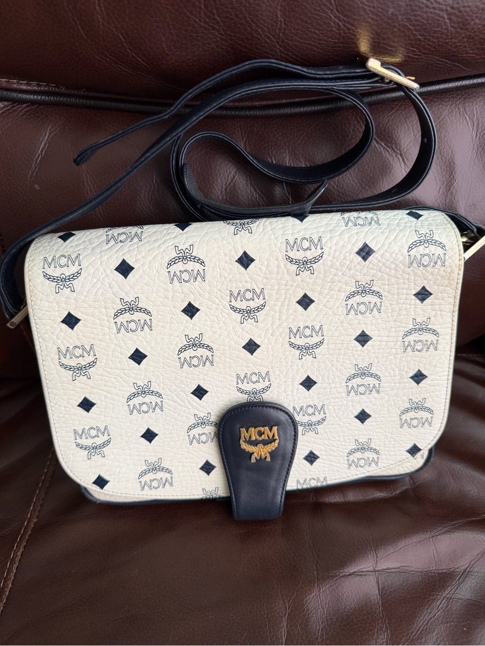 MCM White Monogram Crossbody Bag with Black Trim